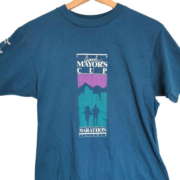 Vintage Hanes 80s Tee Combed Cotton USA Denver Marathon Cup 1984 T-Shirt Medium - Picture 1 of 11